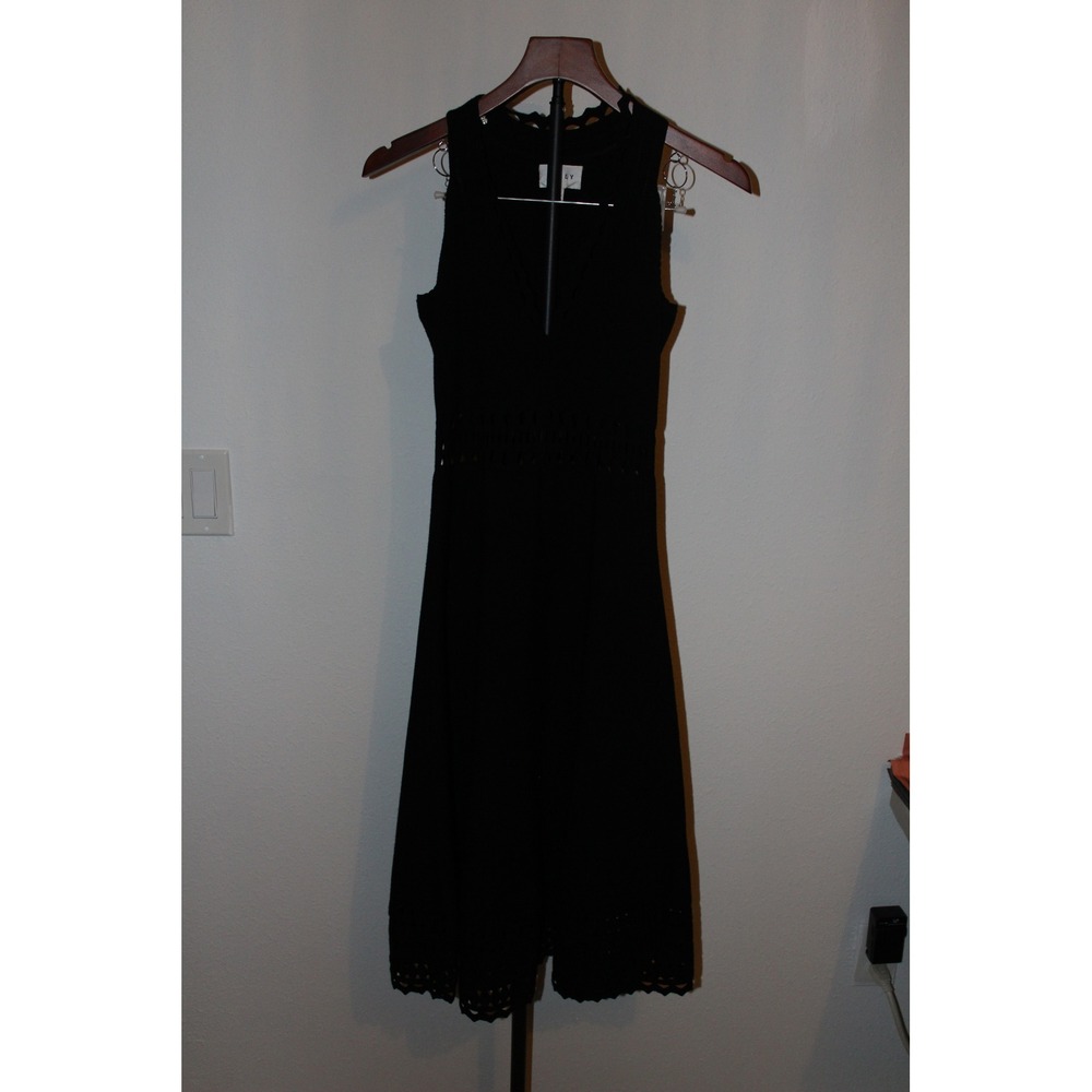 Milly Black Scalloped V-Neck Pointelle Cutout Knit Midi Dress Size S/P
